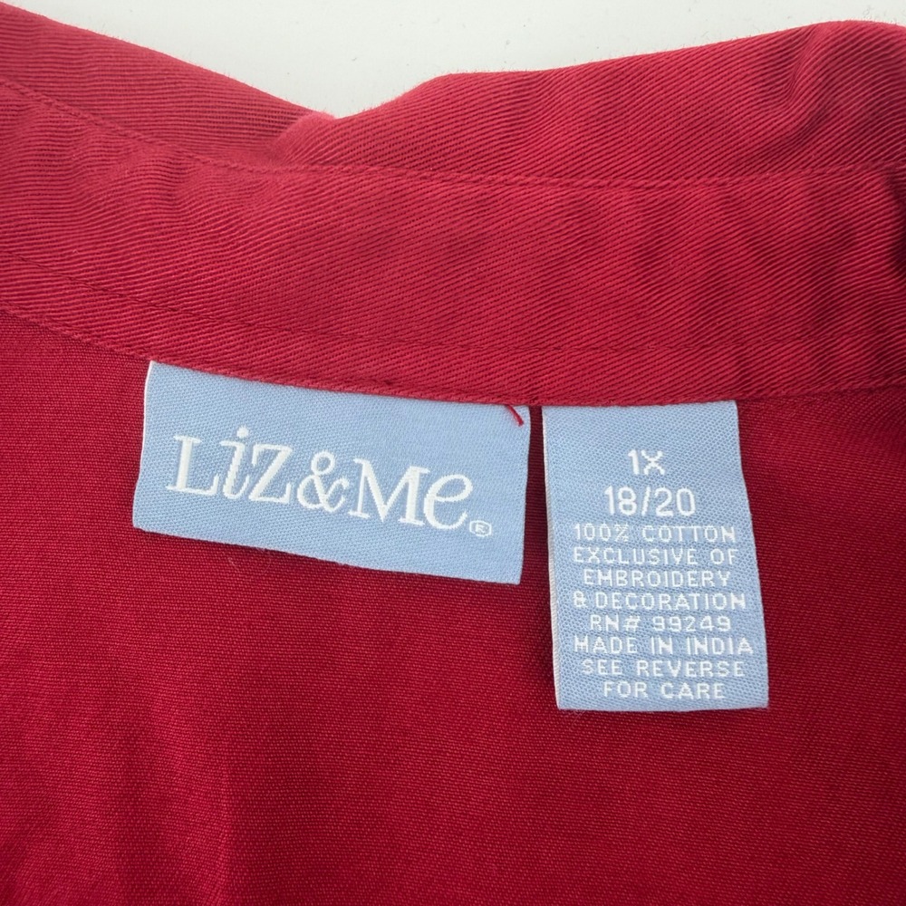 Liz & Me Womens 1X Red Button Up Shirt Embroidered Boho Cotton Long Sleeve Top - Picture 4 of 6
